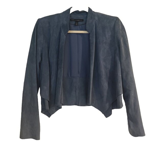 White House Black Market Open Drape Front dusty Blue Genuine Suede Jacket Sz S - Picture 2 of 10